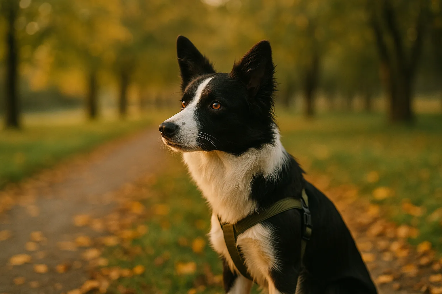 Aufmerksamer junger Border Collie mit Geschirr sitzt auf einem herbstlichen Parkweg