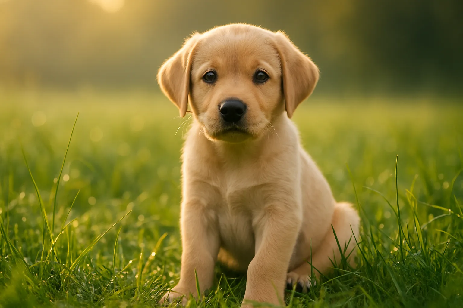 ein Labradorwelpe sitz auf einer Wiese und schaut in die Kamera
